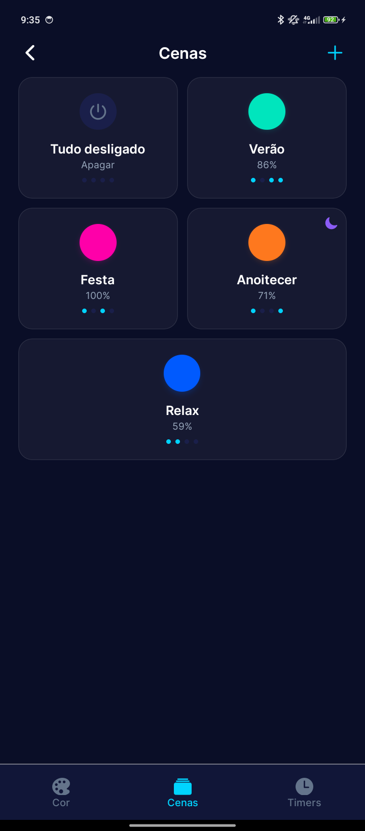 Tela do Acqua Smart com cenas de iluminação